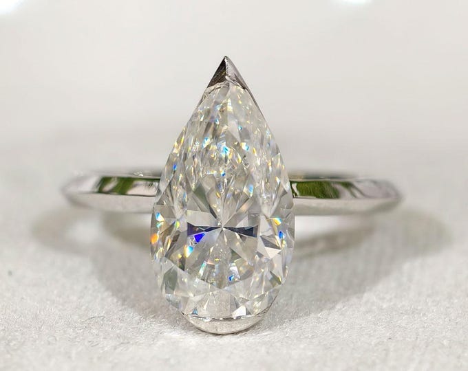 Pear Cut Moissanite Engagement Ring, Half Bezel Set Solitaire Teardrop Diamond Wedding Ring, 14K Solid Gold Luxurious Anniversary Gift
