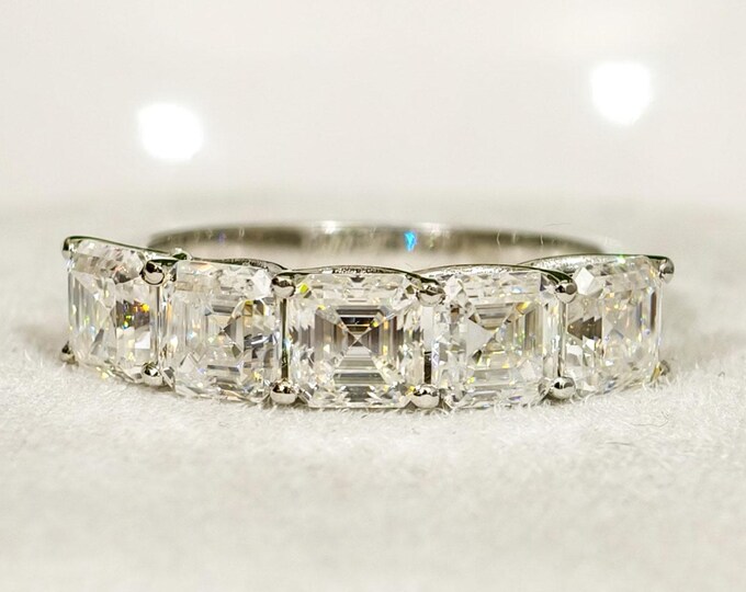 Asscher Cut Moissanite Wedding Band, Five Stone Proposal Band, Trellis Setting Shared Prong Engagement Band, 5th Anniversary Gift For Wife