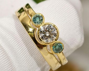 0.50 CT Round Cut Moissanite Wedding Ring Set Three Stone Engagement Ring With Comfort Fit Art Deco Matching Band Bezel Set Bridal Ring Set