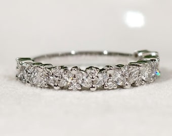Dazzling Marquise And Round Cut Moissanite Statement Wedding Band, Cluster Half Eternity Promise Band, White Gold Luxe Anniversary Band