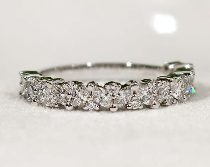Dazzling Marquise And Round Cut Moissanite Statement Wedding Band, Cluster Half Eternity Promise Band, White Gold Luxe Anniversary Band