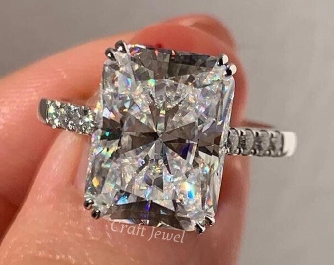 Radiant Cut Moissanite Engagement Ring, Double Claw Prong Set Wedding Ring, Solitaire With Accent Anniversary Ring, Gift Ring For Love