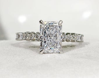Radiant Cut Colorless Moissanite Diamond Engagement Ring Hidden Halo With Side Round & Baguette Pave Wedding Ring Luxurious Anniversary Gift