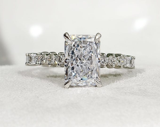 Radiant Cut Colorless Moissanite Diamond Engagement Ring Hidden Halo With Side Round & Baguette Pave Wedding Ring Luxurious Anniversary Gift