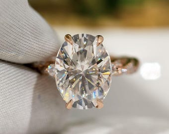 4 CT Oval Moissanite Engagement Ring, Twisted Shank Rose Gold, Art Deco Handmade