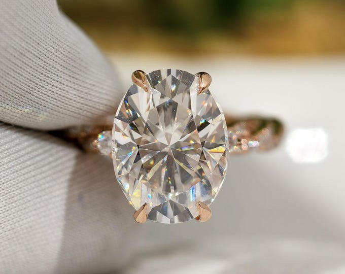 4 CT Oval Moissanite Engagement Ring, Twisted Shank Rose Gold, Art Deco Handmade