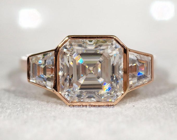 Asscher Cut Moissanite Three Stone Engagement Ring, Full Bezel Setting Anniversary Ring For Women, Celebrity Style Gold Anniversary Ring