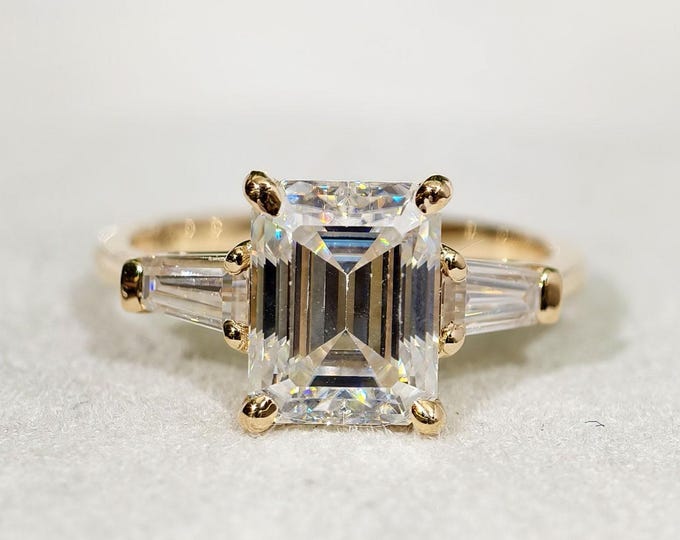 Emerald Cut Moissanite Engagement Ring, Three Stone Wedding Ring, Side Tapper Baguette Diamond Trilogy Proposal Ring, Classic Bridal Jewelry
