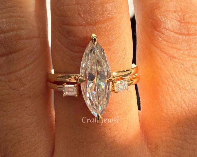 3CT Elongated Marquise Cut Moissanite Engagement Ring & Matching Eternity Band Set, Elegant Anniversary Gift for Her