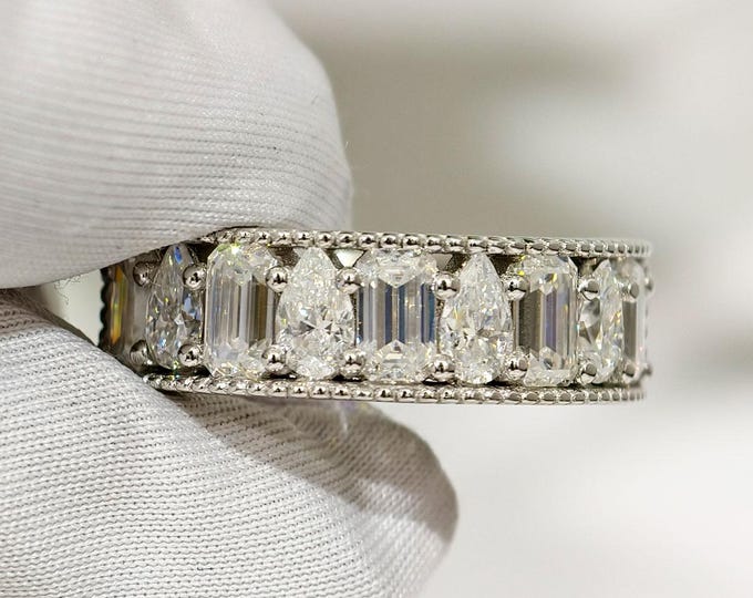 Emerald And Pear Cut Moissanite Wedding Band, Half Eternity Milgrain Setting Elegant Promise Band, Luxurious Anniversary Gift For Wife