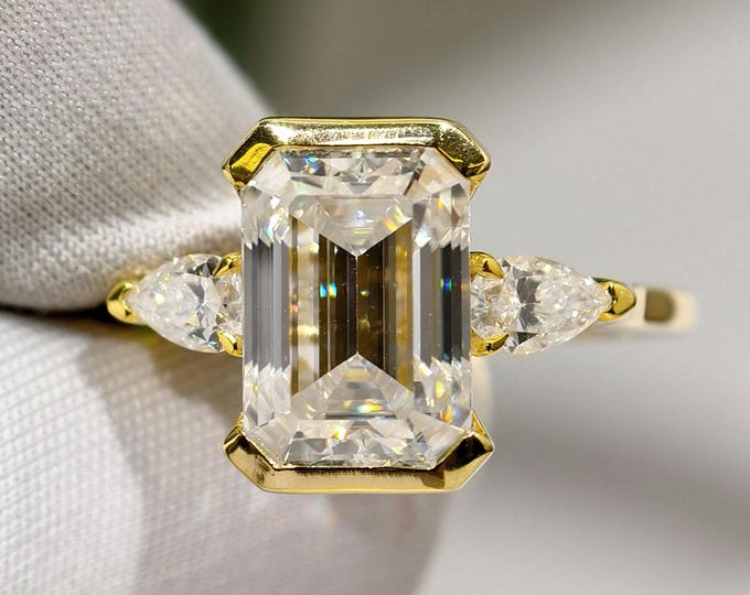Emerald Cut Moissanite Engagement Ring Half Bezel Setting Three Stone Memorial Promise Ring Side Pear Diamond Trilogy Birthday Gift For Her