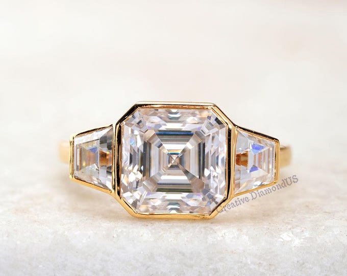 3Ct Asscher Cut Moissanite Engagement Wedding Ring, Three Stone Bezel Set Ring In Solid Gold Forever One Moissanite Anniversary Ring For Her