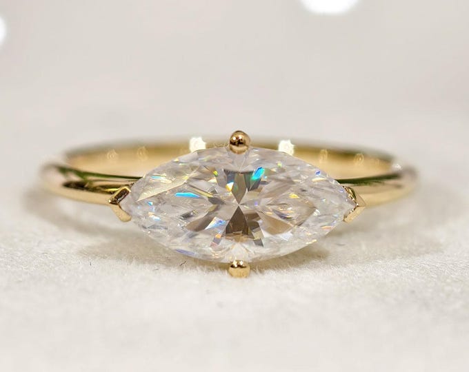 1.50 Carat Marquise Cut Moissanite Engagement Ring, Solid Yellow Gold East West Solitaire Diamond Wedding Ring, Minimalist Bridal Jewelry