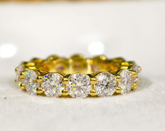 Round Brilliant Cut Moissanite Diamond Band, Dazzling Half Eternity Wedding Band, Shared Prong Set 14K Solid Gold Custom Anniversary Band