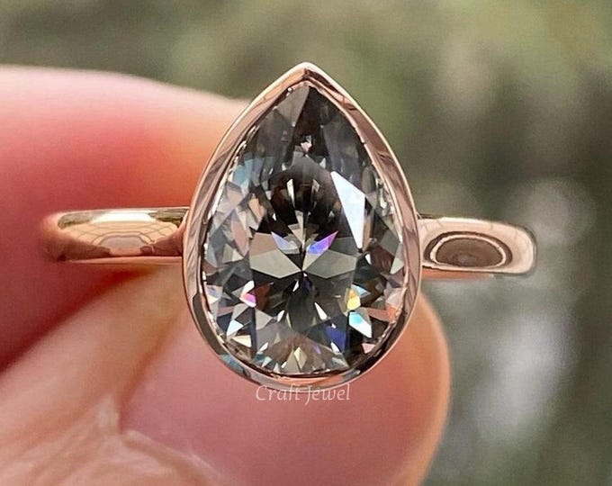 Pear Moissanite Ring, Bezel Set Solitaire Engagement Ring, 4 Ct Pear Cut Grey Moissanite Ring 14k Solid Rose Gold Anniversary Ring For Woman