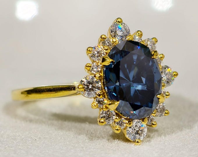 Blue Oval Cut Moissanite Unique Cluster Halo Engagement Rings, Four Claw Prong Set Wedding Ring, Affordable Women Ring For All Occasion