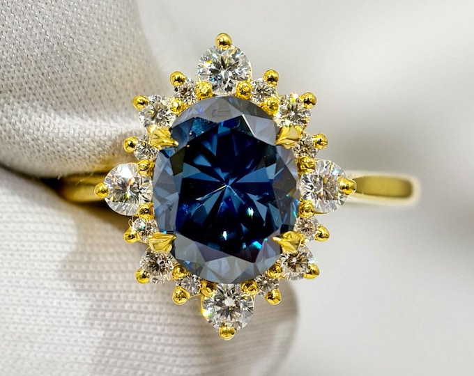 Dark Blue Oval Cut Moissanite Engagement Ring, Unique Cluster Halo Design Wedding Ring in Yellow Gold, Celebrity Style Custom Proposal Ring