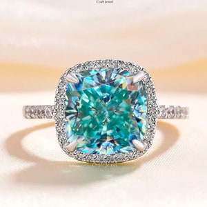 3 carat Cushion Cut Cyan Blue Moissanite Engagement Ring, Halo Wedding Ring, Anniversary Gifts, Classic Solitaire With Accents Wedding Ring