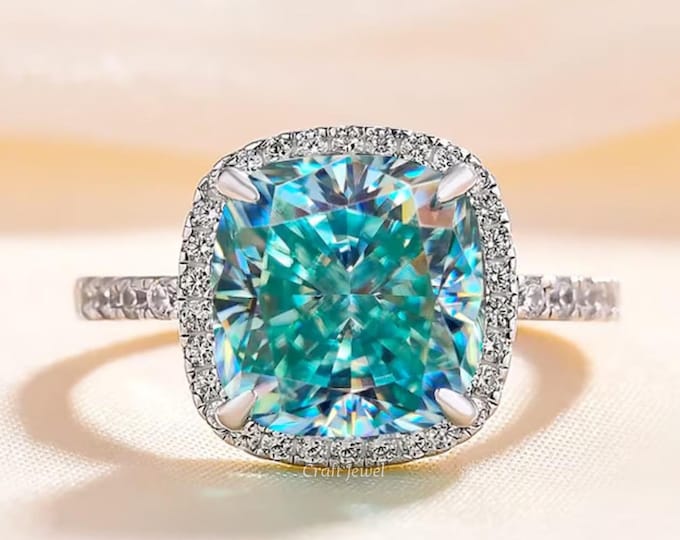 3 carat Cushion Cut Cyan Blue Moissanite Engagement Ring, Halo Wedding Ring, Anniversary Gifts, Classic Solitaire With Accents Wedding Ring