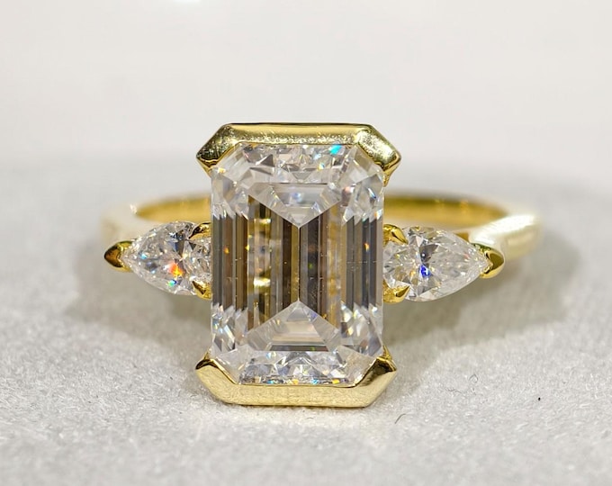 3 CT Three Stone Emerald Cut Moissanite Ring with Pear-Shaped Side Stones - Elegant Engagement & Anniversary Gift