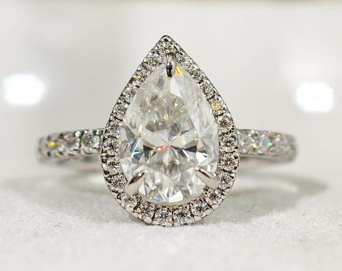 Modern Pear Cut Halo Moissanite Engagement Ring, White Gold Solitaire Halo Anniversary Ring For Women, Claw Prong Handmade Custom Jewelry