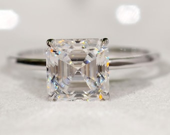 Asscher Cut Moissanite Solitaire Ring, Hidden Halo, Solid Gold or Silver