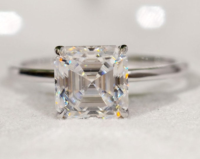 Asscher Cut Moissanite Solitaire Ring, Hidden Halo, Solid Gold or Silver
