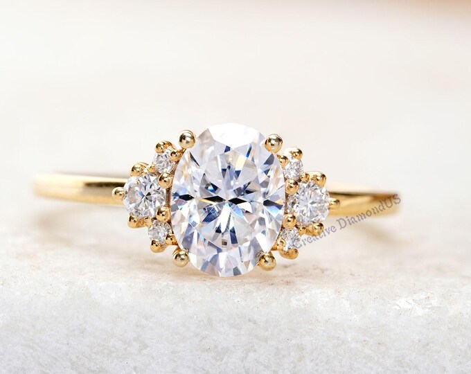 Oval Cut Colorless Moissanite Engagement Ring, Cluster Diamond Proposal Ring For Women, 14K Yellow Gold Seven Stone Luxurious Wedding Ring