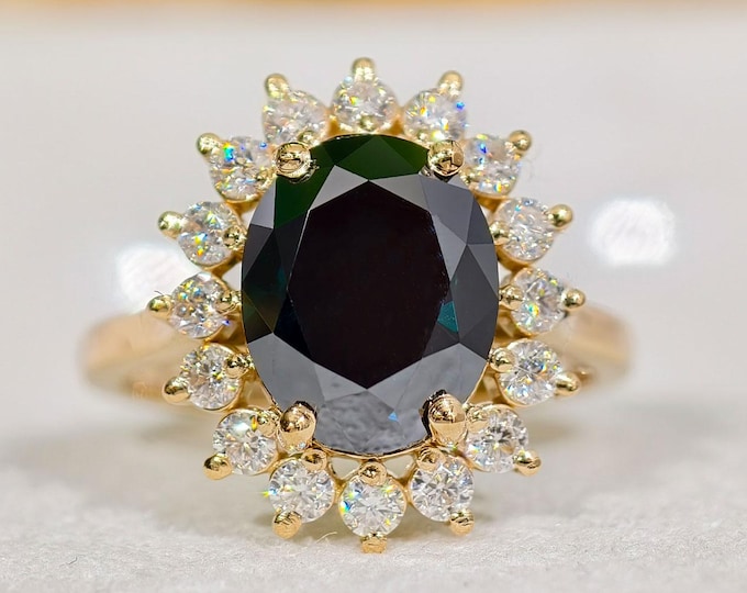 Oval Cut Black Moissanite Diamond Engagement Ring, Solid Gold Vintage Style Halo Statement Ring with Sparkling Accent Stones, Birthday Gift