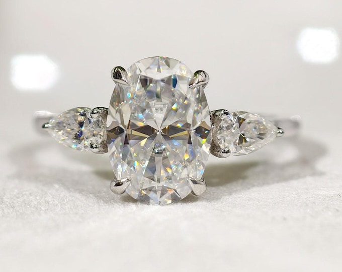 Oval Cut Moissanite Engagement Ring, Three Stone Wedding Ring, Side Pear Stones Trilogy Diamond Anniversary Gift, Timeless Bridal Jewelry