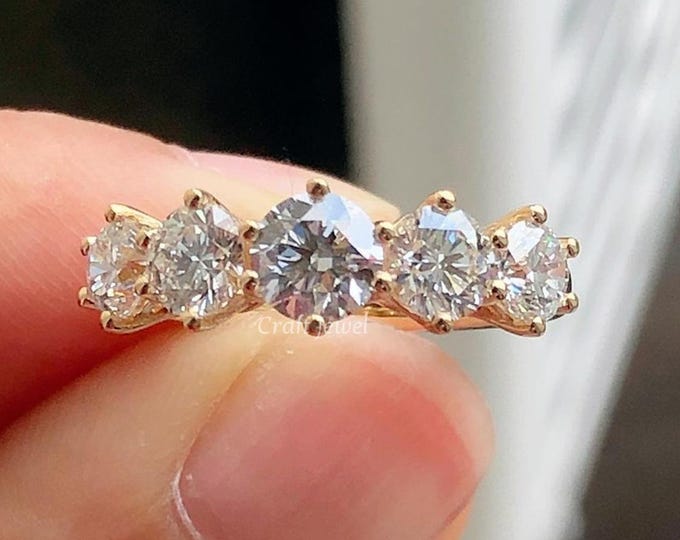 Round Cut Moissanite Wedding Band, Unique Prong Setting Five Stone Engagement Ring, 14K Solid Gold Affordable Anniversary Gift
