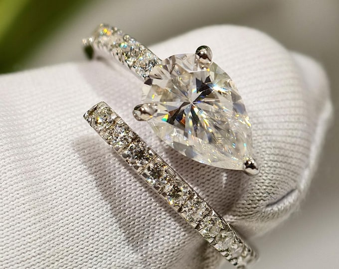 East West Pear Cut Moissanite Engagement Ring Open Bypass Style Statement Ring 14K Solid Gold Pave Setting Wedding Ring Modern Promise Ring