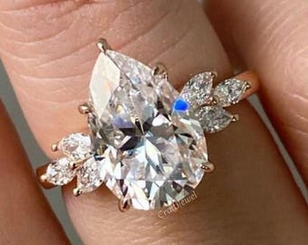 IGI Certified 3 Ct Pear Cut Diamond Hidden Halo Engagement Ring, 14k Solid Gold TearDrop  Cluster Wedding Ring with Side Marquise Stone