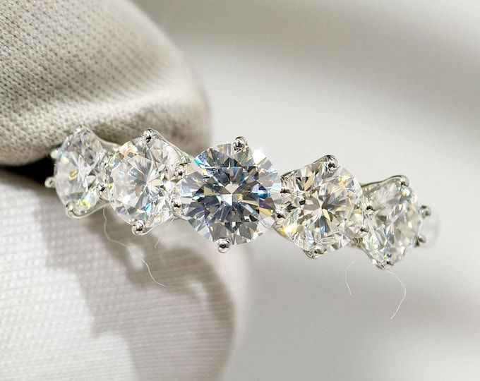 Round Cut Moissanite Five Stone Engagement Ring, Unique Prong Setting Stacking Wedding Ring In Solid White Gold, Anniversary Gift for Her