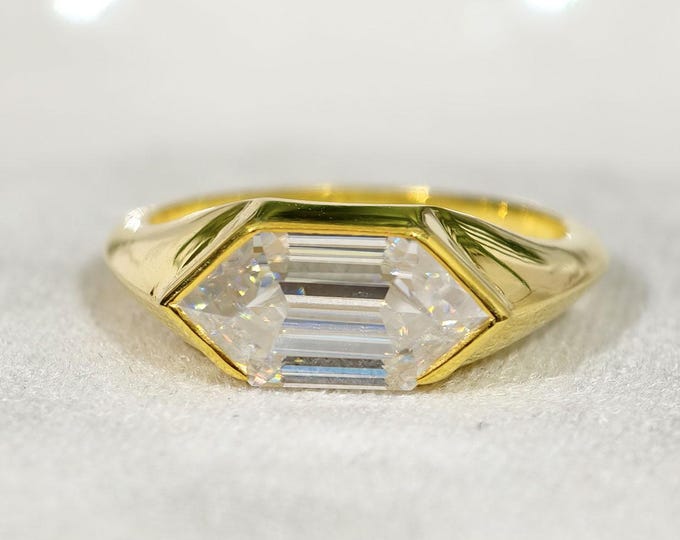 Bezel Set Long Hexagon Step Cut Moissanite Engagement Ring, East West Solitaire Diamond Wedding Ring, Anniversary Gift For Wife