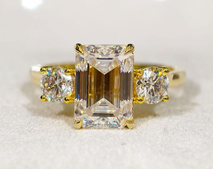 3 Carat Emerald Cut Moissanite Three Stone Engagement Ring, Side Round Cut Diamond Trilogy Wedding Ring, 14K Solid Yellow Gold Handmade Ring