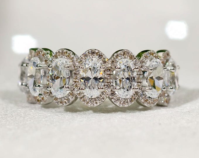 Oval Cut Moissanite Diamond Wedding Band, Luxury Halo Setting Half Eternity Promise Band, Sparkling Bridal Anniversary Band