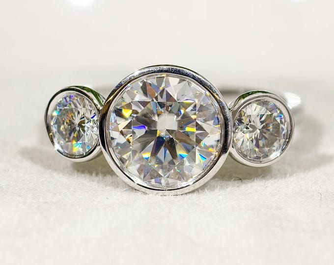 Bezel Set Round Cut Moissanite Wedding Ring For Women, Three Stone Engagement Ring, Solid Gold Trilogy Diamond Celebrity Style Proposal Ring