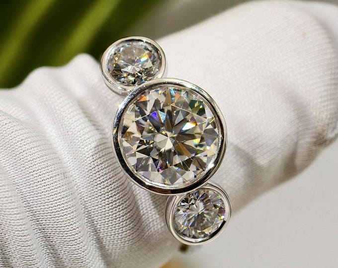 IGI Certified Round Cut Lab Grown Diamond Ring, Three Stone Bezel Setting Engagement Ring, Solid White Gold Anniversary Gift For Wife