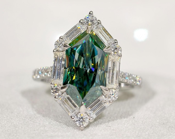 Dutch Marquise Cyan Blue Moissanite Diamond Ring, Baguette And Round Diamond Luxurious  Halo Wedding Ring, Cathedral Shank Anniversary Ring