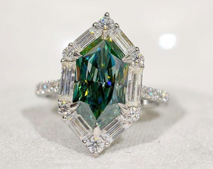 Dutch Marquise Cyan Blue Moissanite Diamond Ring, Baguette And Round Diamond Luxurious  Halo Wedding Ring, Cathedral Shank Anniversary Ring