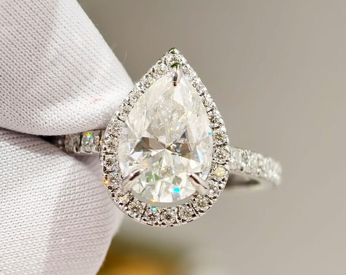 2 Carat Pear cut lab Grown Diamond Ring, Teardrop Halo Engagement Ring, Lab Grown Ring With Small Round Diamond on Shank