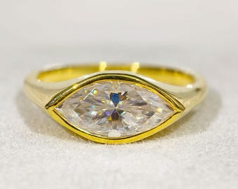 Horizontal Marquise Cut Wedding Ring East West Moissanite Diamond Engagement Ring Full Bezel Set 14K Solid Yellow Gold Celebrity Style Ring