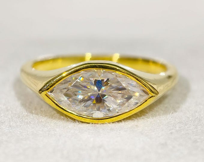 Horizontal Marquise Cut Wedding Ring East West Moissanite Diamond Engagement Ring Full Bezel Set 14K Solid Yellow Gold Celebrity Style Ring