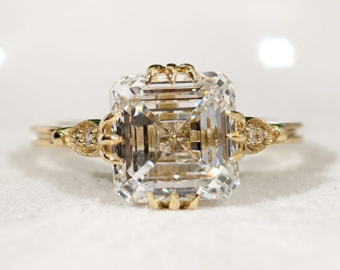 Asscher Cut Lab Grown Diamond Engagement Ring Vintage Inspired Gold Anniversary Gift Unique Three Prong Set Ring Elegant Statement Jewelry