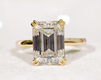 4 CT Emerald Cut Solitaire Moissanite Engagement Ring, 14K Solid Gold Ring Emerald Cut Double Claw Prong Wedding Anniversary Rings for Women