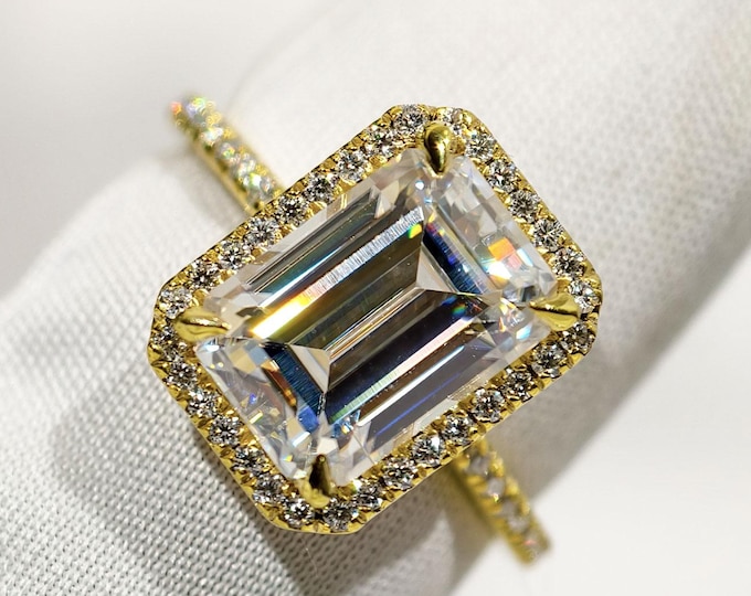 3 CT Emerald Cut Moissanite Engagement Ring, Halo Wedding Ring For Her, Four Claw Prong Set Pave Setting Solid Gold Handmade Jewelry