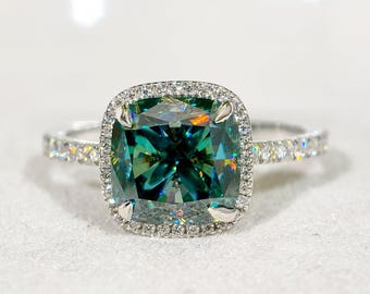 Cushion Cut Cyan Blue Moissanite Engagement Ring, Halo Ring, Pave Setting Wedding Ring, Bridal Ring Gift For Her