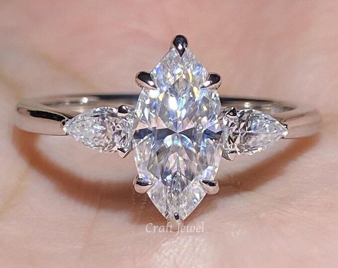1.5 CT Marquise Cut Moissanite Three Stone Engagement Ring, Side Pear Cut Trilogy bridal Ring Set, Anniversary gift, Wedding Ring For Wife