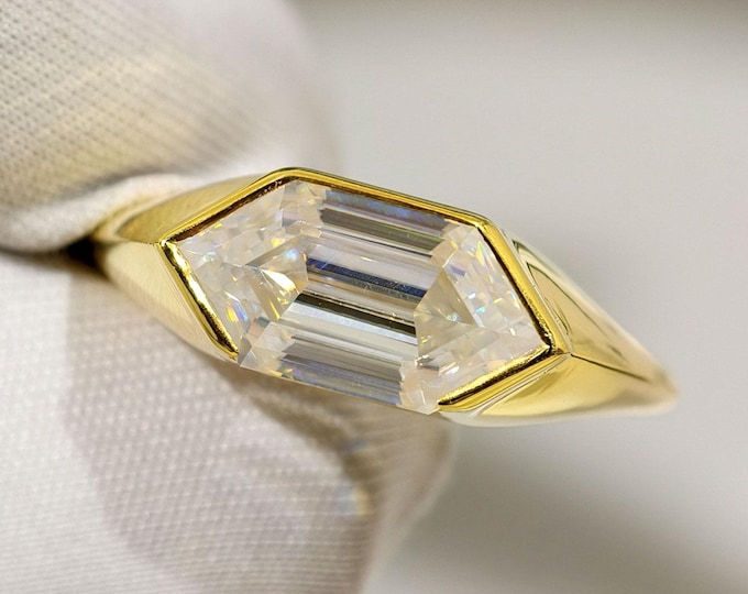 1.50 CT Long Hexagon Step Cut Moissanite Wedding Ring, East West Solitaire Diamond Engagement Ring, Half Bezel Setting Anniversary Gift